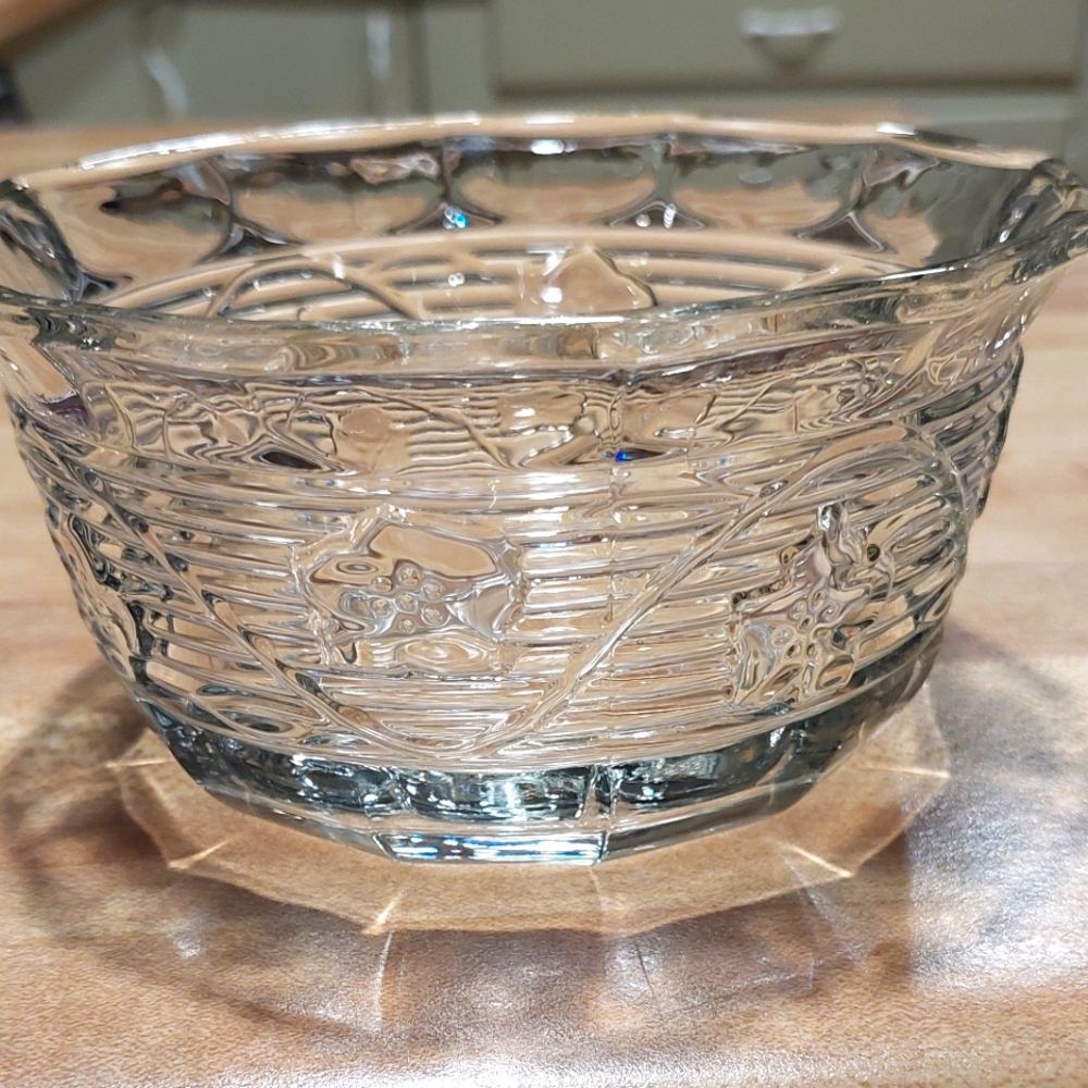Clear Glass Striped Bowl with Flower Etching ( I think maybe crystal )